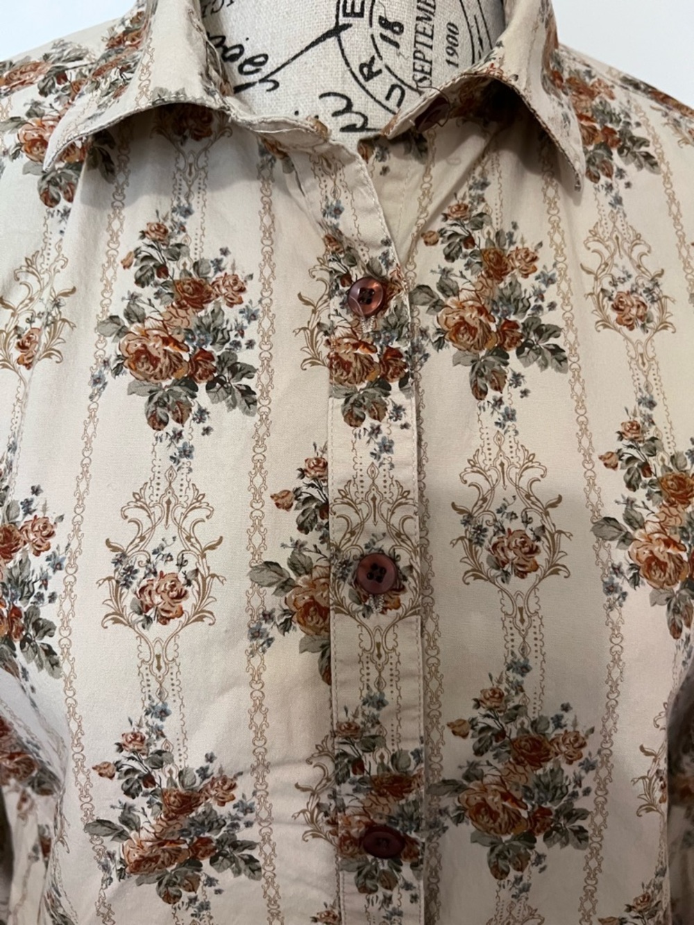 Bit & Bridle Victorian Floral Rose Stripe Button Down Shirt Medium - Picture 3 of 8